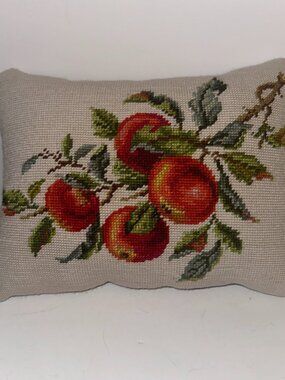 VTG handcrafted Needlepoint Pillow Apples on a Branch Rectangle 13" x 10"